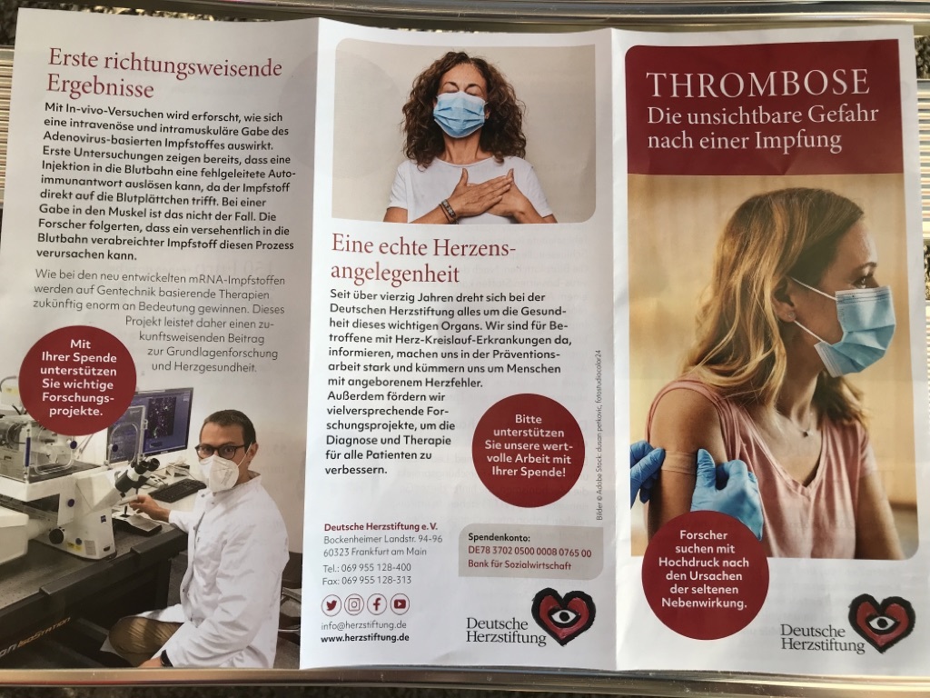 Die Deutsche Herzstiftung verschickt Flyer, die schon einige Haushalte in Deutschland erreicht haben. Das Thema ist die Gefahr, eine Thrombose nach der Impfung zu entwickeln.